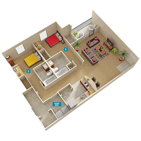 a rendering of a 2-bedroom, 2-bathroom apartment at The Hub at Palmetto Pointe in Spartanburg, SC